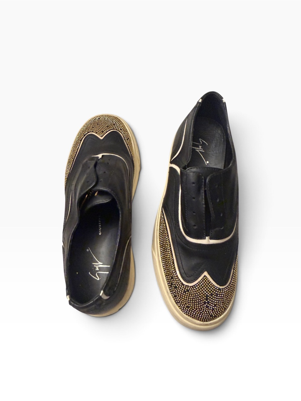 Giuseppe Zanotti Black Leather Slip-Ons with Gold Stud Toe,pre-owned, SZ5.5 - Picture 8 of 12